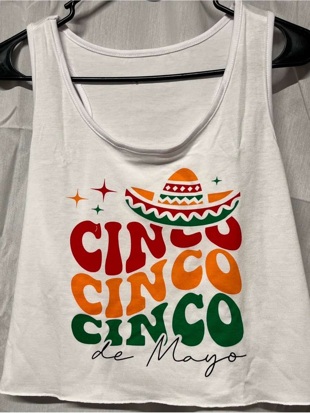 Sage White Cinco de Mayo Graphic Tank Top with Red, Orange & Green Print